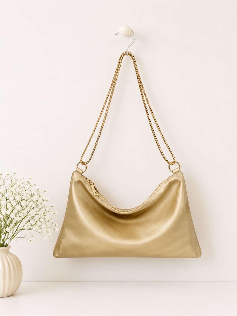 Azazie Gold Satin Shoulder Bag with Chain Strap